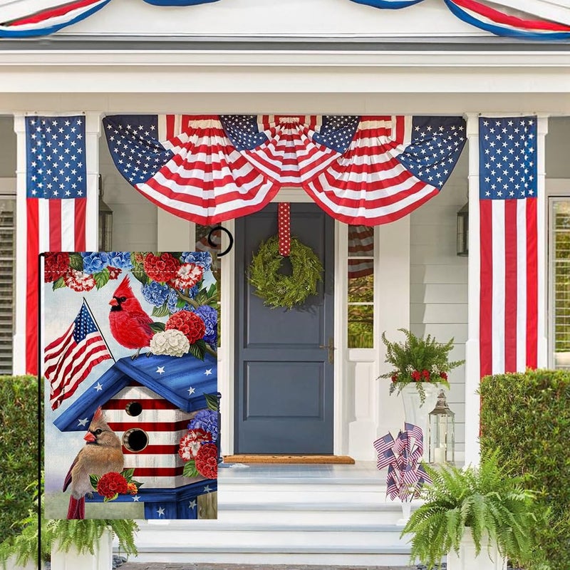 BLKWHT 4th of July Cardinal Bird Garden Flag 12x18 Vertical Double Sided Red Blue Floral Memorial Day Independence Day Holiday Outside Decorations Burlap Yard Flag BW824 - Image 1
